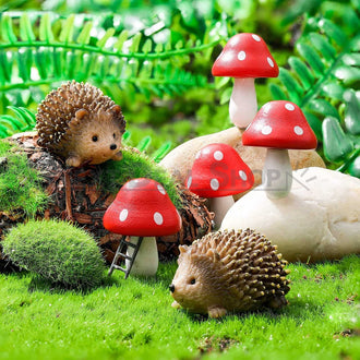 6 Pcs - Hedgehog & Mushroom Fairy Garden Decor